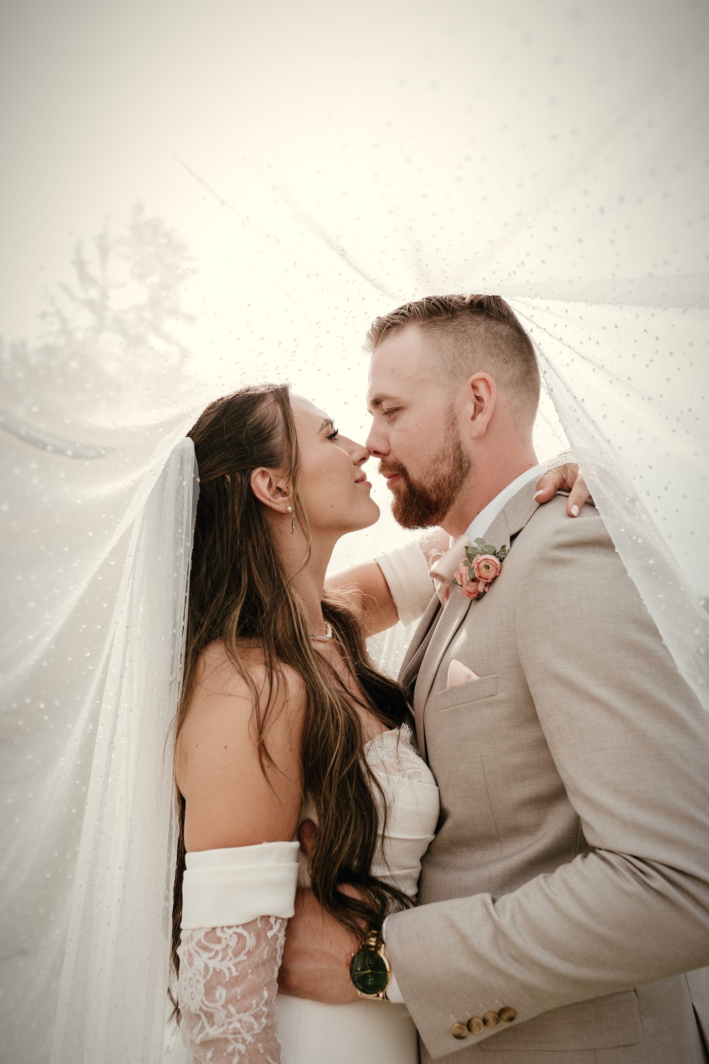 A kiss beneath the bride's veil, the lace dotted with light
