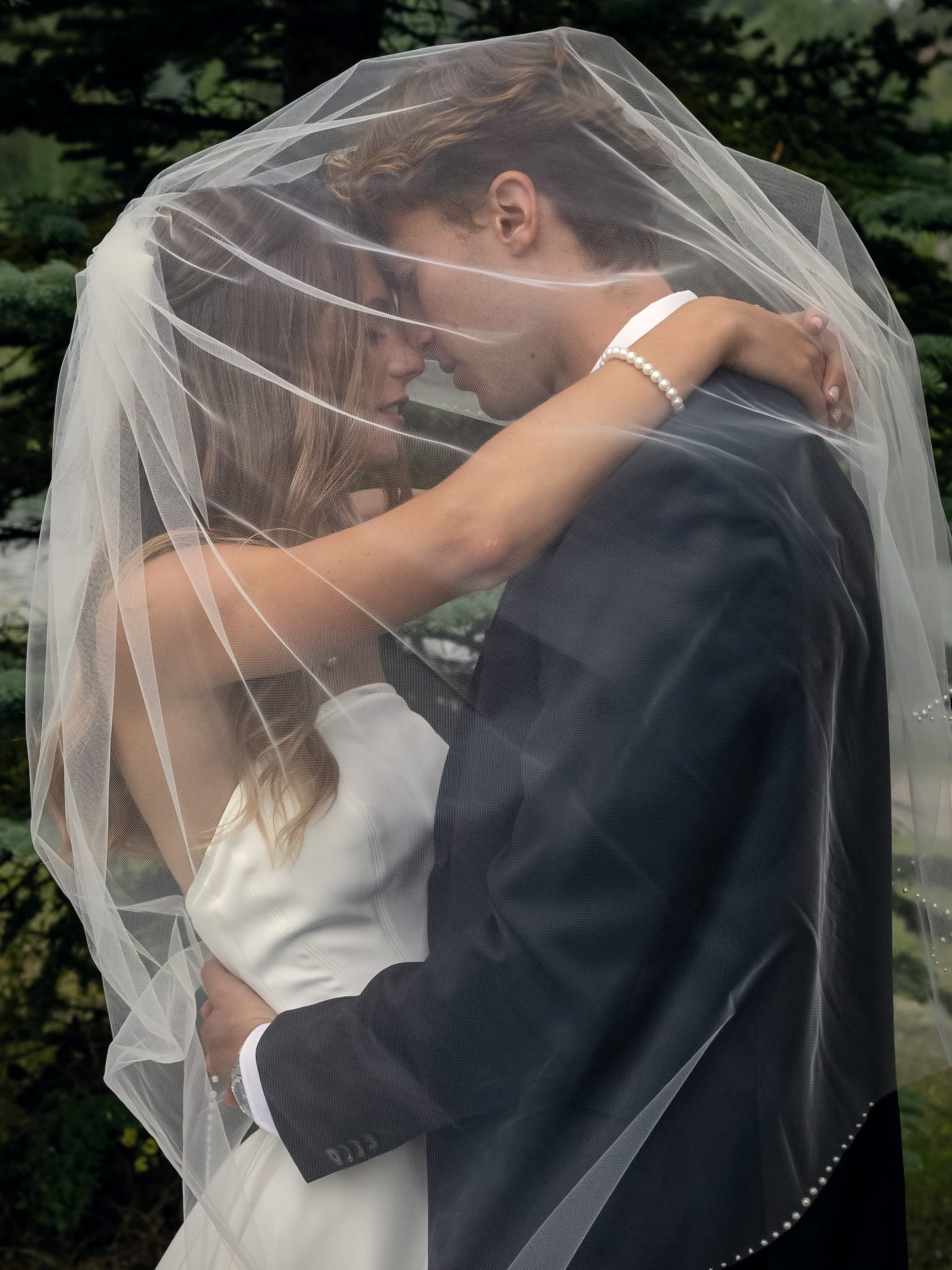 A kiss under the veil, the spruce dark behind the lace